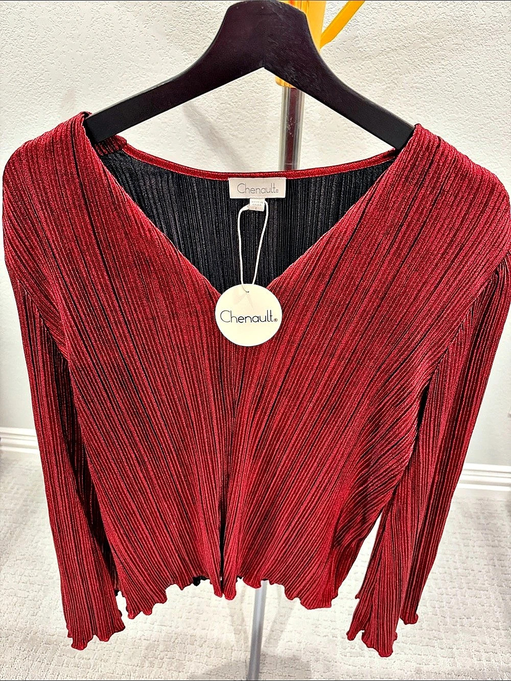 Chenault Pleated Striped Blouse in Red & Black NWT